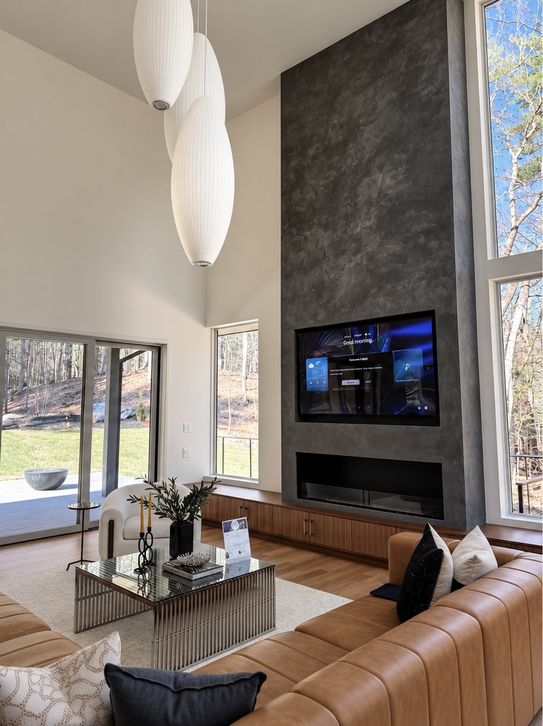 A double-height living room whose full-height fireplace wall is finished in charcoal Marmorino, framing a wall-mounted TV and a linear fireplace.