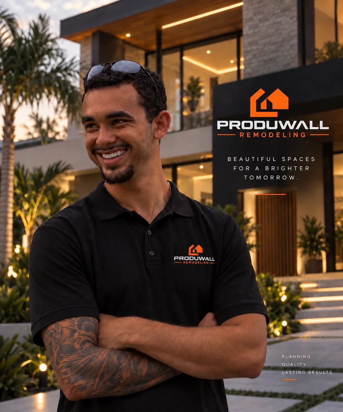 Nickolas Loyola, founder of Produwall, in a Produwall polo shirt, beside the company logo and the line “Beautiful spaces for a brighter tomorrow.”