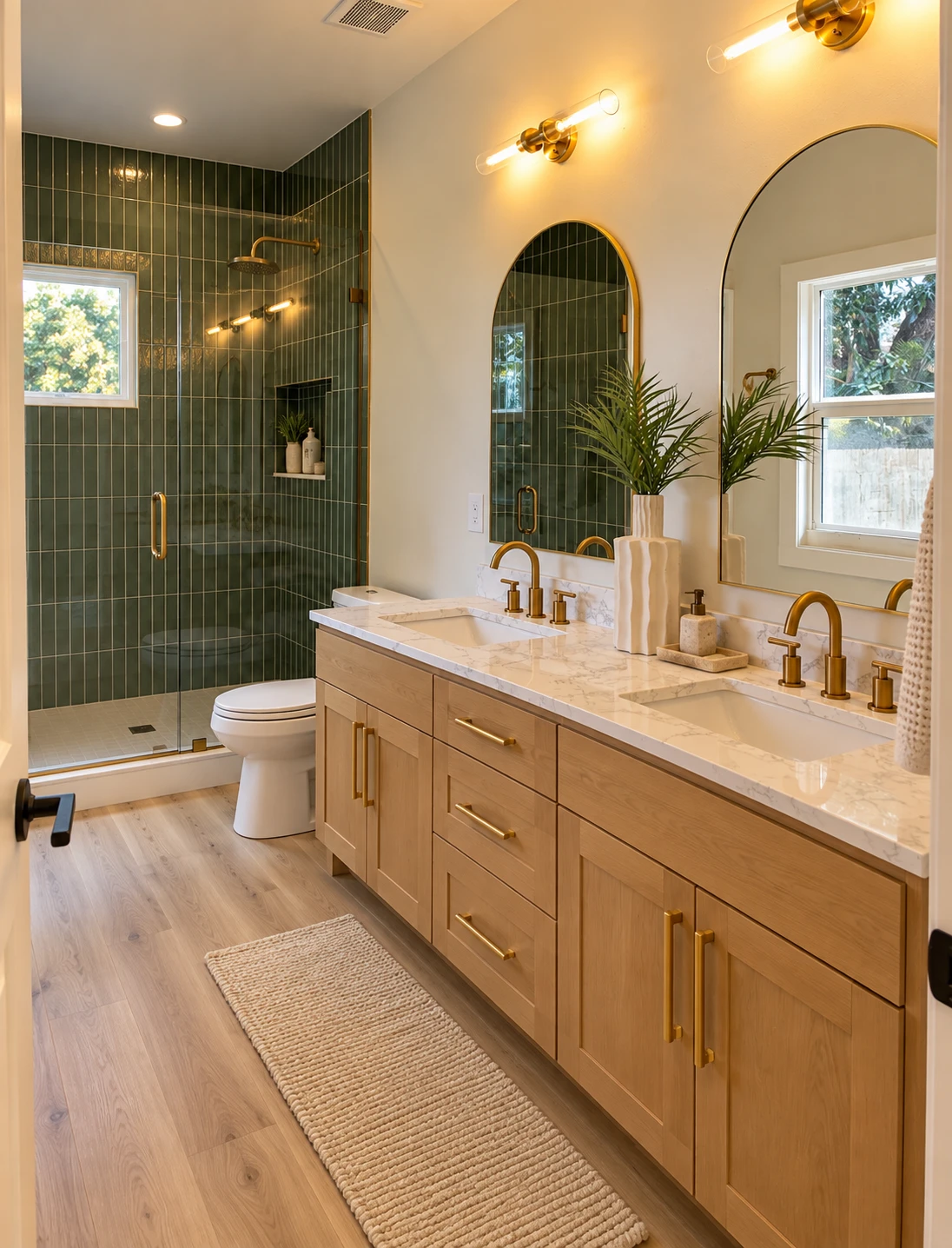 The finished bathroom: a walk-in shower in green vertical tile behind glass, a double oak vanity with a marble top, brass fittings and arched mirrors.